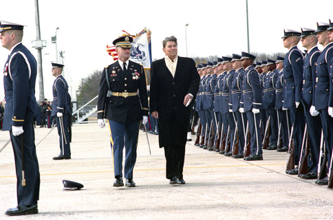 U.S. President Ronald Reagan during a departure ceremony at Andrews Air Force Base, Prince George's