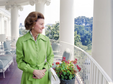 U.S. First Lady Betty Ford standing on Truman Balcony during tour of White House, Washington, D.C.,