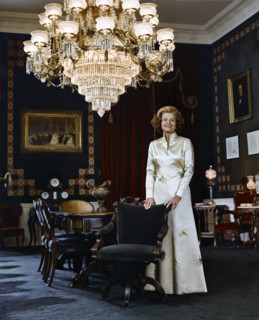 U.S. First Lady Betty Ford, full-length portrait in long white satin gown, White House Treaty Room,