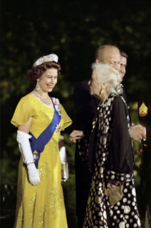 Queen Elizabeth II of Great Britain and U.S. President Gerald R. Ford greeting Alice Roosevelt