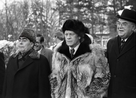 U.S. President Gerald R. Ford and Soviet Union General Secretary Leonid Brezhnev depart Okeansky