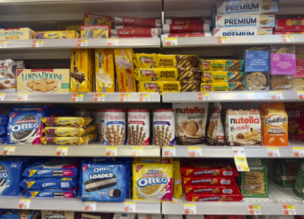 Shelves of packaged cookies and crackers, Duane Reade retail store, Tribeca, Manhattan, New York