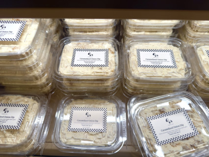 Plastic containers of caramelized onion dip on display, Meadow Lane gourmet grocer, Tribeca,