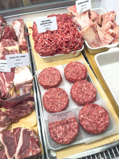 Raw meat display case, Dickson's Farmstand Meats, Chelsea Market, Chelsea, Manhattan, New York