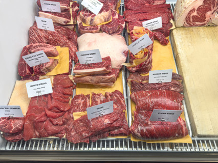 Raw meat display case, Dickson's Farmstand Meats, Chelsea Market, Chelsea, Manhattan, New York