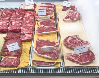 Raw meat display case, Dickson's Farmstand Meats, Chelsea Market, Chelsea, Manhattan, New York