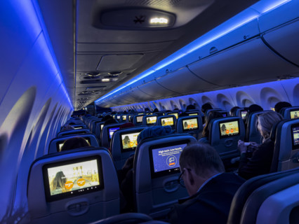 Jet Blue Airlines commercial airplane, interior view of main cabin