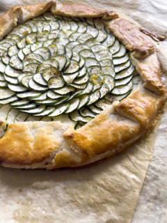 High angle view of zucchini and ricotta galette