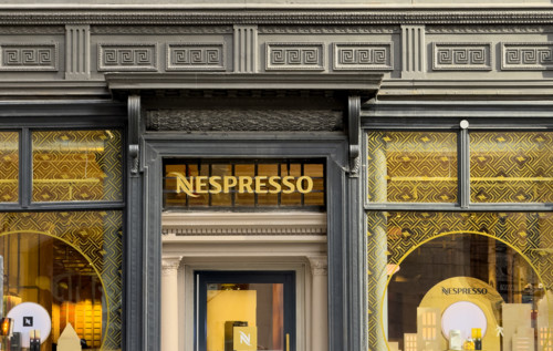 Nespresso flagship retail store, building exterior detail, 85 Fifth Avenue, Manhattan, New York