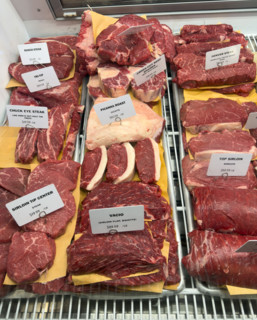 Raw meat display case, Dickson's Farmstand Meats, Chelsea Market, Chelsea, Manhattan, New York