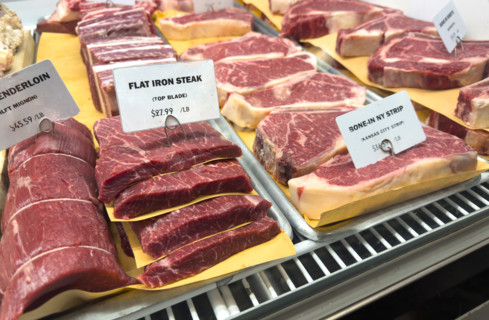 Raw meat display case, Dickson's Farmstand Meats, Chelsea Market, Chelsea, Manhattan, New York
