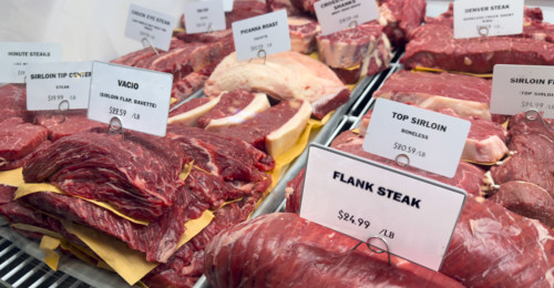 Raw meat display case, Dickson's Farmstand Meats, Chelsea Market, Chelsea, Manhattan, New York