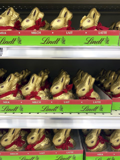 Lindt chocolate Easter bunnies displayed in store