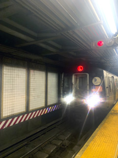 L subway train arriving at station, MTA, Williamsburg, Brooklyn, New York City, New York, USA