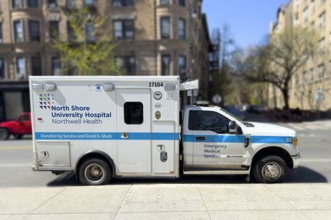 North Shore University Hospital Northwell Health EMS ambulance parked on urban street, Chelsea,