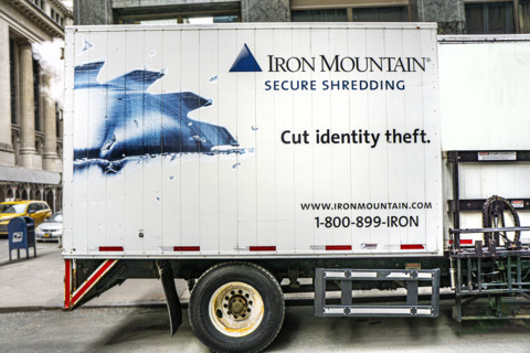 Iron Mountain Secure Shredding truck and street scene, Manhattan, New York City, New York, USA