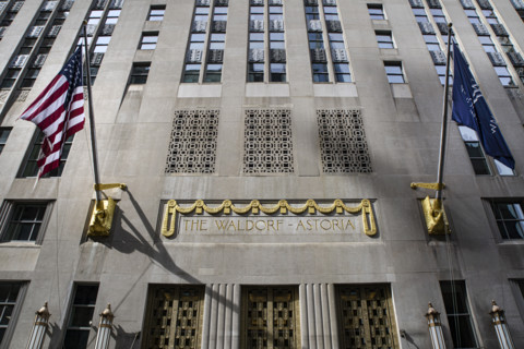 The Waldorf Astoria, luxury hotel and condominium residence, building exterior detail, Lexington