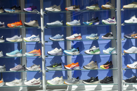 Sneakers window display, Paragon Sporting Goods Company, 867 Broadway, Manhattan, New York City,