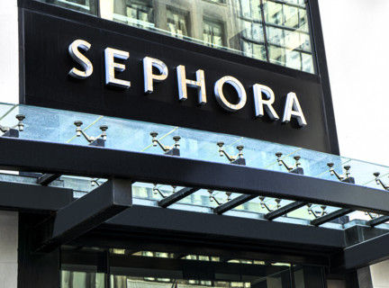 Sephora retail store, building exterior detail, 580 Fifth Avene, Manhattan, New York City, New