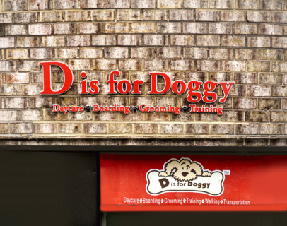 D is for Doggy, Daycare, Boarding, Grooming, Training, building exterior detail, Manhattan, New