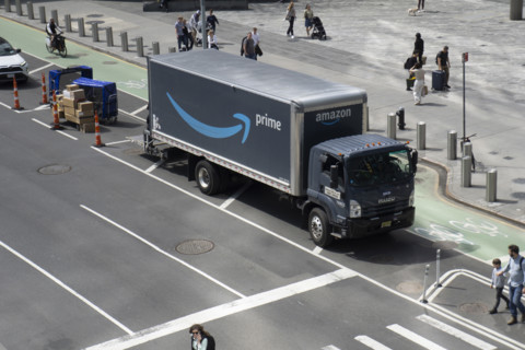 Amazon Prime delivery truck parked on urban street, Hudson Yards, Manhattan, New York City, New