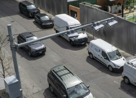 High angle view of congestion pricing scanners and urban street scene, Hudson Yards, New York City,