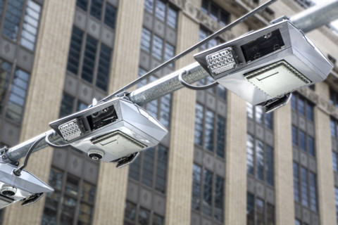 Low angle view of congestion pricing scanners, Hudson Yards, New York City, New York, USA