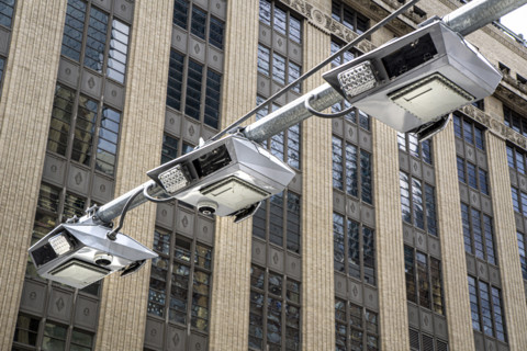 Low angle view of congestion pricing scanners, Hudson Yards, New York City, New York, USA