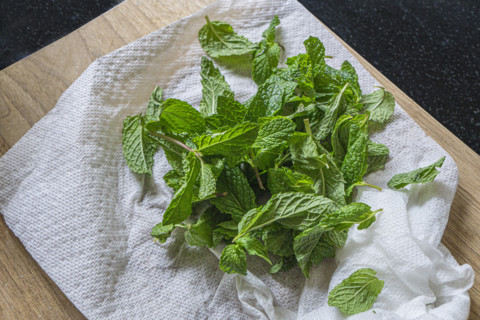 High angle view of fresh mint leaves on cutting board