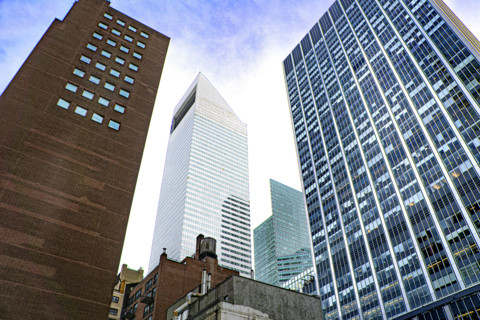 Midtown Manhattan cityscape featuring Citigroup Center office building (center), low angle view,