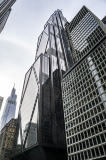 JPMorgan Chase office building, building exterior and street scene, low angle view, 270 Park