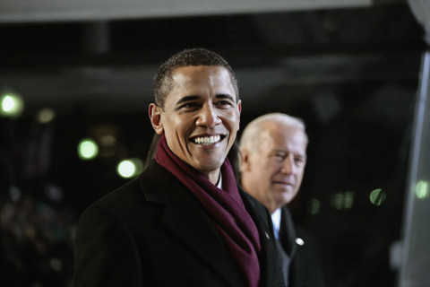 U.S. President Barack Obama  and U.S. Vice President Joe Biden watching Inaugural Parade from