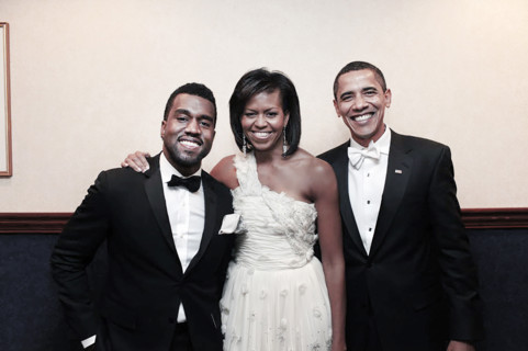 U.S. President Barack Obama and U.S. First Lady Michelle Obama greet American performer Kanye West