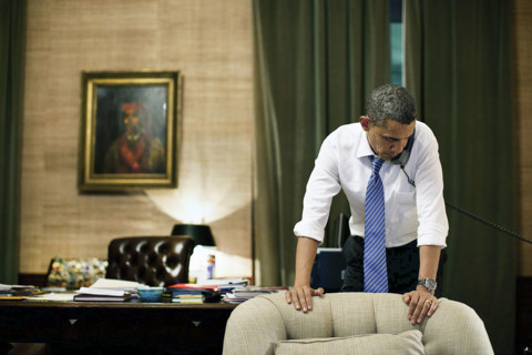 U.S. President Barack Obama talking on telephone with President Lee Myung-bak of South Korea in
