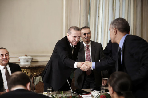 U.S. President Barack Obama shaking hands with President Recep Tayyip Erdogan of Turkey during