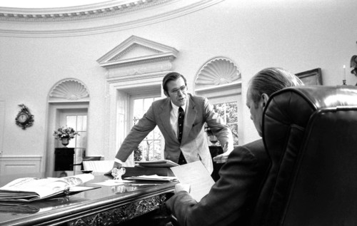 U.S. President Gerald R. Ford and U.S. Chief of Staff Donald Rumsfeld in White House Oval Office,