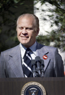 U.S. President Gerald R. Ford wearing a WIN (Whip Inflation Now) button at his second press