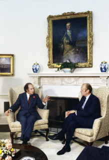 U.S. President Gerald R. Ford meeting with Prime Minister Pierre Trudeau of Canada in White House
