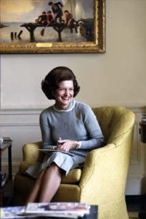 U.S. First Lady Betty Ford, seated portrait in White House West Sitting Hall, Washington, D.C.,