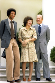American tennis players Arthur Ashe and Billie Jean King meeting with U.S. President Gerald R.