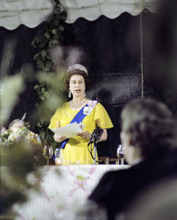 Queen Elizabeth II of Great Britain delivering remarks at a State Dinner honoring Her Majesty and