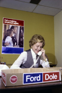 U.S. First Lady Betty Ford talking on telephone during visit to Ford Campaign Phone Bank, Downey,