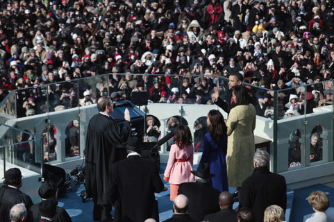 Barack Obama being sworn-in as U.S. President by U.S. Supreme Court Chief Justice John Roberts, as