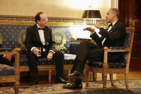U.S. President Barack Obama talking with President François Hollande of France in White House Blue