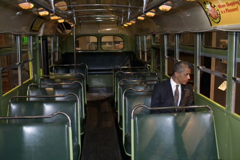 U.S. President Barack Obama sitting on the famed Rosa Parks bus, Henry Ford Museum, Dearborn,