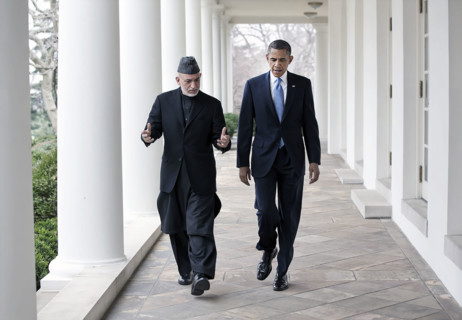 U.S. President Barack Obama and President Hamid Karzai of Afghanistan walking along White House