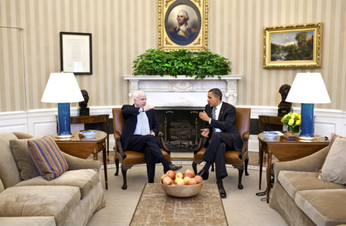 U.S. President Barack Obama meeting with U.S. Senator John McCain, R-Ariz., in the White House Oval