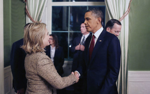 U.S. President Barack Obama shaking hands with U.S. Secretary of State Hillary Rodham Clinton in