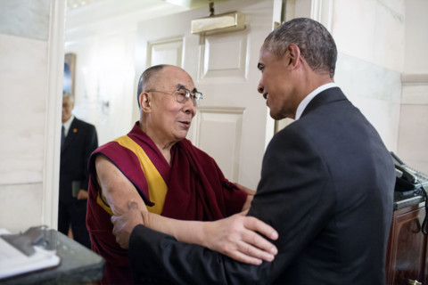 U.S. President Barack Obama greeting His Holiness the Dalai Lama prior to their meeting in the