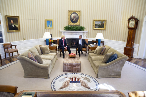 U.S. President Barack Obama meeting with U.S. President-elect Donald Trump in the White House Oval